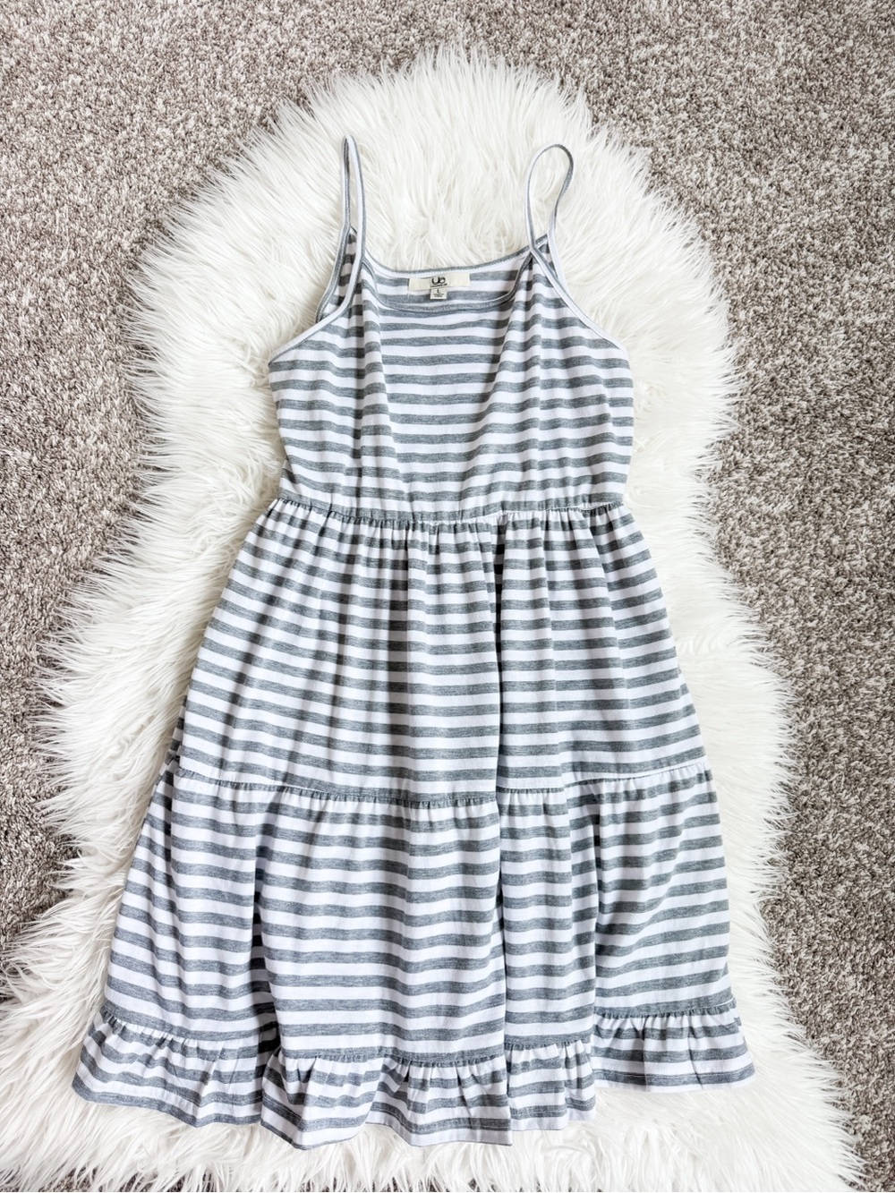 Ya Los Angeles Gray White Striped Tiered Mini Dress L